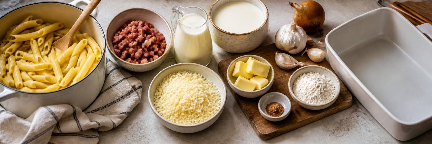 Ingredientes do macarrão cremoso para o Dia das Mães com molho branco, bacon e queijo