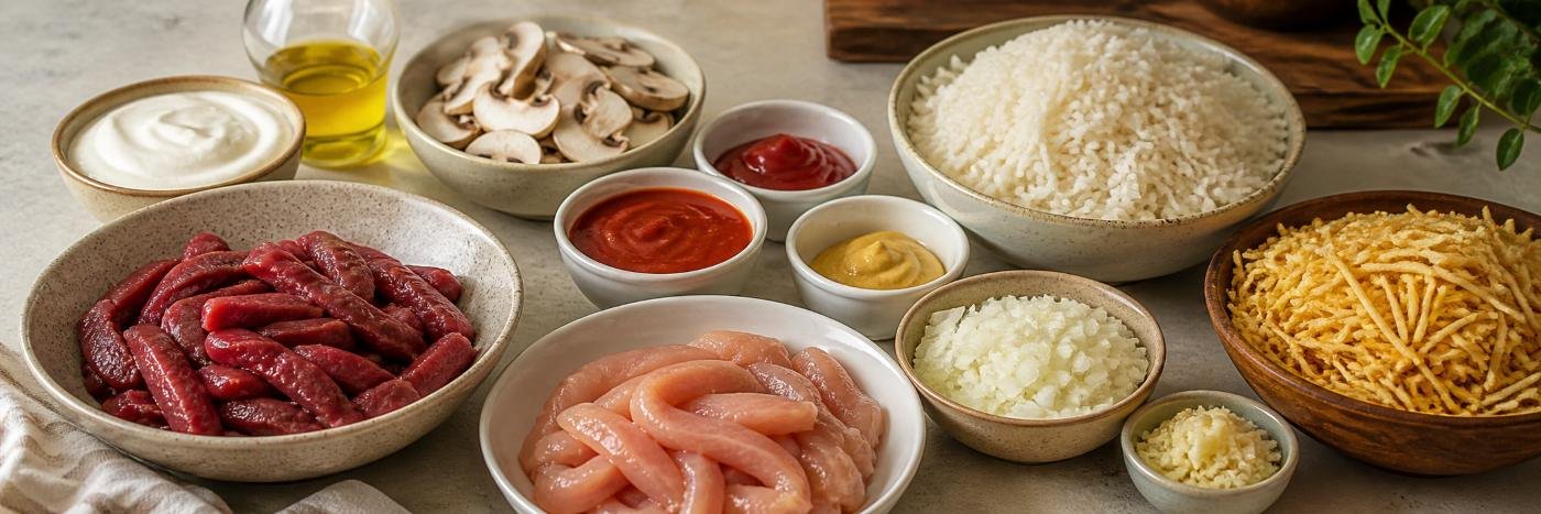 Ingredientes do strogonoff para o Dia das Mães com carne, creme de leite, arroz e batata palha