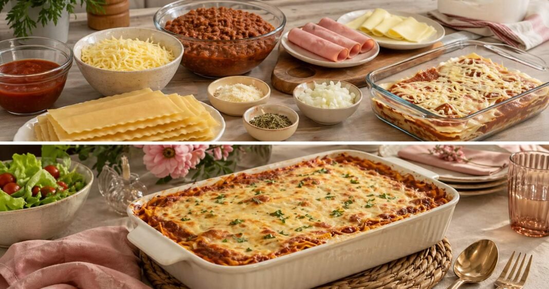 Ingredientes e lasanha pronta para o Dia das Mães em composição horizontal de preparo e almoço