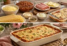 Faltam 8 dias para o Dia das Mães: lasanha prática entra na série de receitas fáceis Ingredientes e lasanha pronta para o Dia das Mães em composição horizontal de preparo e almoço