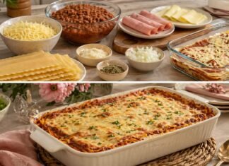 Faltam 8 dias para o Dia das Mães: lasanha prática entra na série de receitas fáceis Ingredientes e lasanha pronta para o Dia das Mães em composição horizontal de preparo e almoço