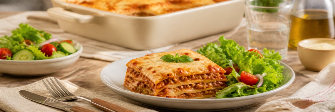 Lasanha pronta para o almoço de Dia das Mães servida em mesa familiar