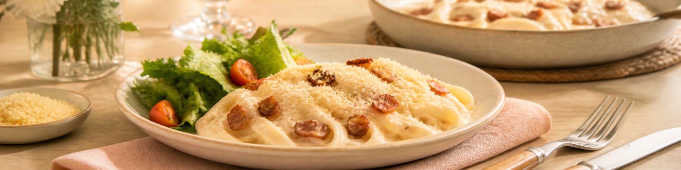 Macarrão cremoso com bacon para o almoço de Dia das Mães servido com salada
