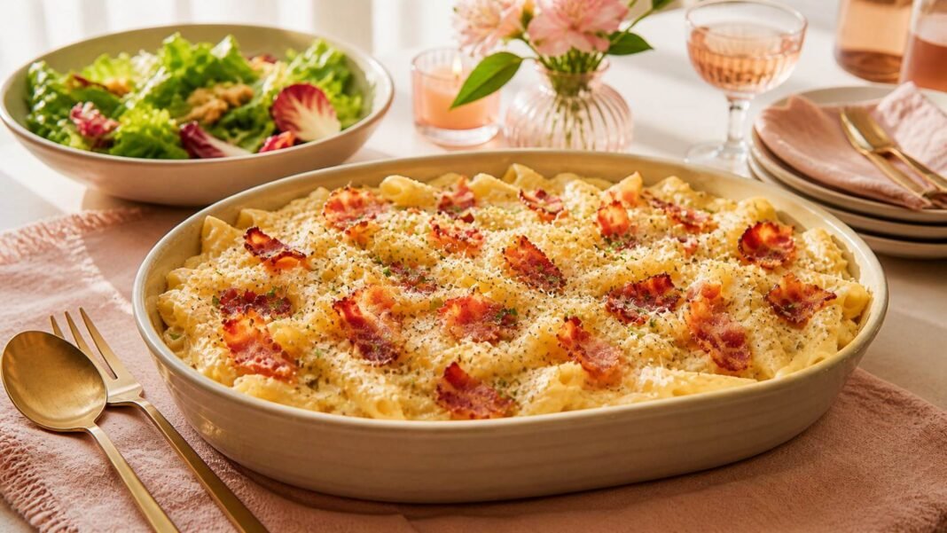 Macarrão cremoso para o Dia das Mães servido com molho branco e bacon em mesa familiar