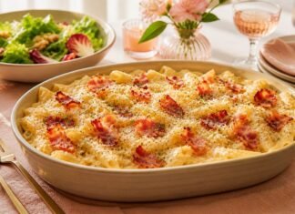 Faltam 5 dias para o Dia das Mães: macarrão cremoso vira sugestão prática Macarrão cremoso para o Dia das Mães servido com molho branco e bacon em mesa familiar
