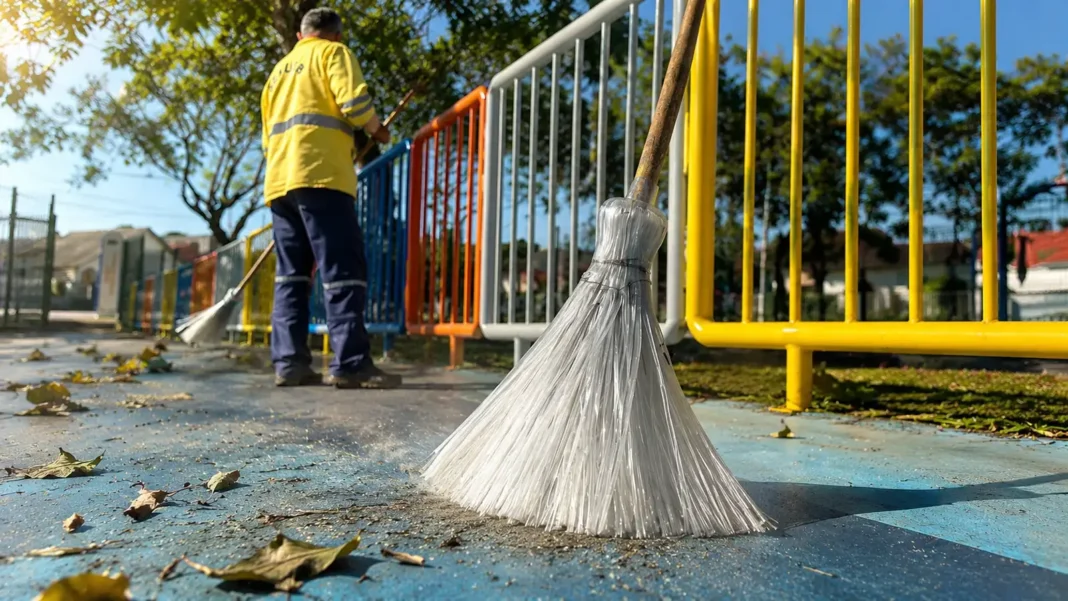 Trabalhador realiza limpeza urbana em Porto Velho com vassoura produzida a partir de garrafas PET recicladas.