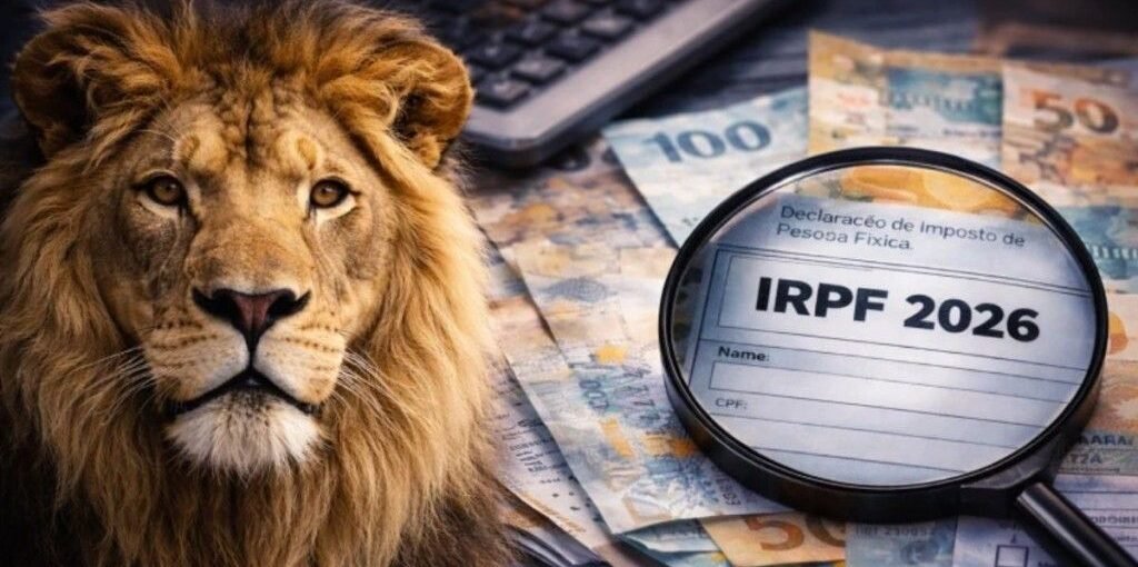 IRPF 2026 com leão, cédulas de dinheiro e declaração do Imposto de Renda