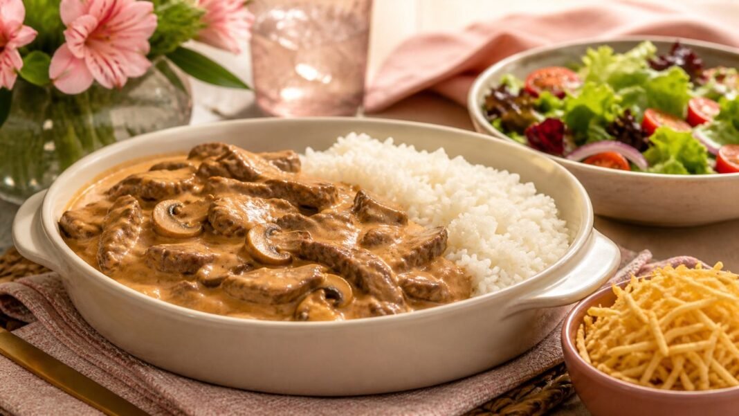 Strogonoff para o Dia das Mães servido com arroz e batata palha em mesa familiar