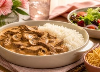 Faltam 6 dias para o Dia das Mães: strogonoff fácil ajuda no almoço especial Strogonoff para o Dia das Mães servido com arroz e batata palha em mesa familiar