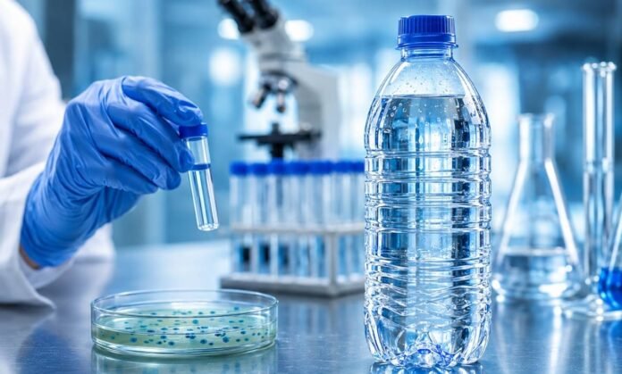 Análise sanitária de água com suspeita de Pseudomonas aeruginosa Garrafa de água mineral em bancada de laboratório durante análise sanitária relacionada à Pseudomonas aeruginosa