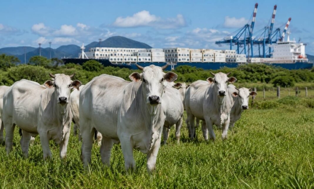 Rebanho bovino em pastagem com estrutura portuária ao fundo, representando o reconhecimento da China ao Brasil livre de febre aftosa