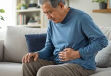 Câncer de intestino acende alerta para sintomas que parecem simples Homem idoso sentado no sofá com a mão sobre o abdômen, representando sinais silenciosos ligados ao câncer de intestino