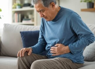 Câncer de intestino acende alerta para sintomas que parecem simples Homem idoso sentado no sofá com a mão sobre o abdômen, representando sinais silenciosos ligados ao câncer de intestino