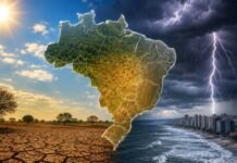 Tempo seco, calor e temporais dividem o Brasil nesta sexta-feira Capa sobre clima no Brasil mostrando contraste entre sol forte, tempo seco e temporais com chuva e raios.
