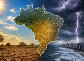 Tempo seco, calor e temporais dividem o Brasil nesta sexta-feira Capa sobre clima no Brasil mostrando contraste entre sol forte, tempo seco e temporais com chuva e raios.