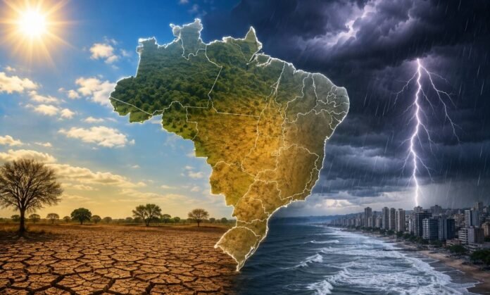 Clima no Brasil tem sol forte e risco de temporais Capa sobre clima no Brasil mostrando contraste entre sol forte, tempo seco e temporais com chuva e raios.