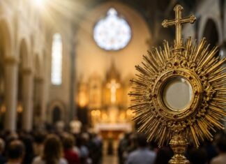 Corpus Christi gera dúvida entre feriado e ponto facultativo; entenda Corpus Christi é feriado em algumas capitais e ponto facultativo em outras, com imagem de ostensório em igreja durante celebração católica