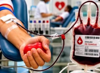 Estoques de sangue A-, B- e O- precisam de reforço em Rondônia Doação de sangue em Rondônia com bolsa de sangue e doador em hemocentro
