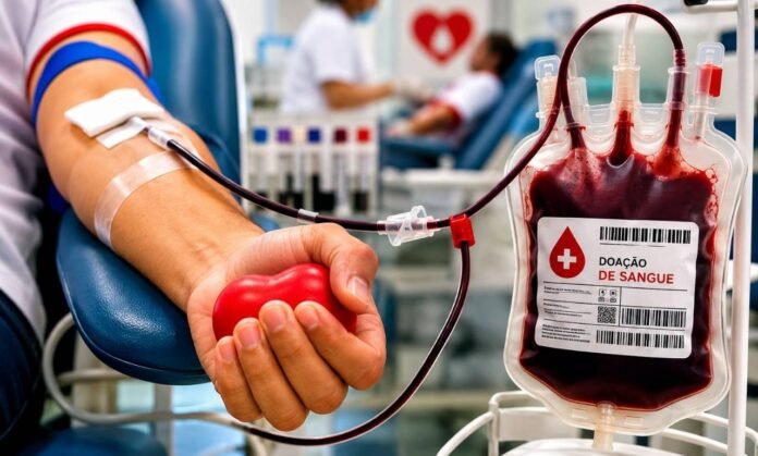 Doação de sangue em Rondônia precisa de reforço nos estoques Doação de sangue em Rondônia com bolsa de sangue e doador em hemocentro