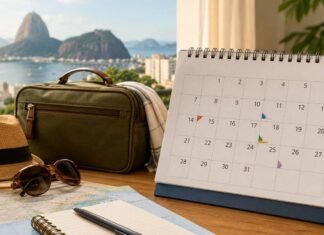 Após Corpus Christi, Brasil ainda terá 5 feriadões em 2026 Feriados prolongados em 2026 com calendário, mala de viagem e itens de planejamento sobre uma mesa