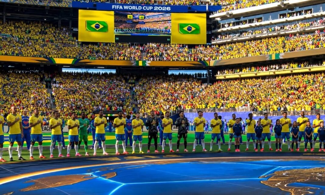 Hino Nacional Brasileiro emociona torcida na Copa 2026 Seleção Brasileira e torcida cantam o Hino Nacional Brasileiro antes de partida da Copa 2026