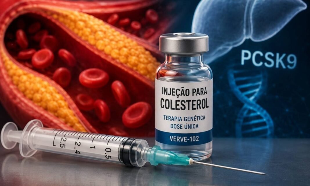 Frasco e seringa representam injeção para colesterol em estudo inicial com foco no gene PCSK9