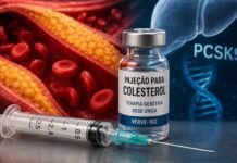 Injeção em dose única mira gene ligado ao colesterol alto Frasco e seringa representam injeção para colesterol em estudo inicial com foco no gene PCSK9