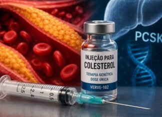 Injeção em dose única mira gene ligado ao colesterol alto Frasco e seringa representam injeção para colesterol em estudo inicial com foco no gene PCSK9
