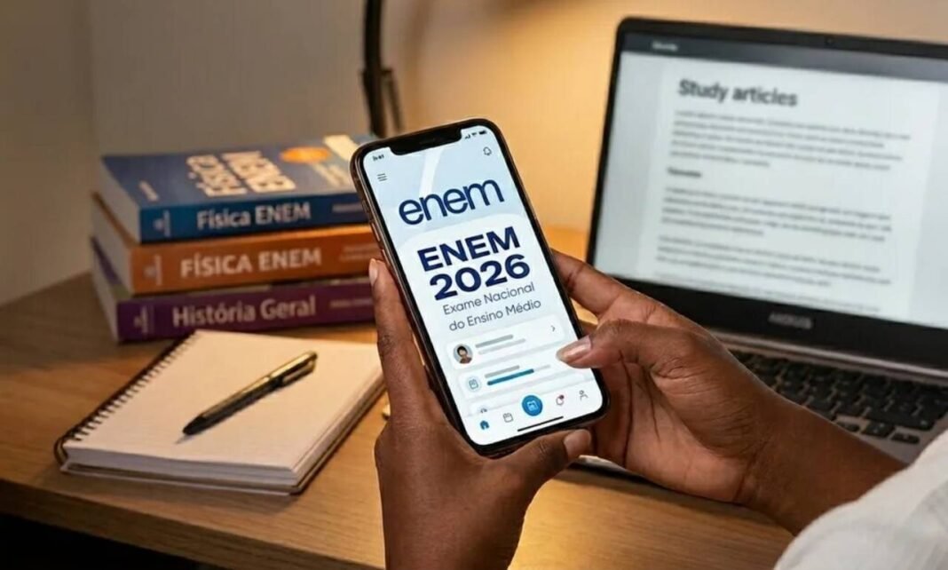 Inscrição Enem 2026 tem prazo de pagamento ampliado Estudante acessa a inscrição Enem 2026 pelo celular em ambiente de estudos
