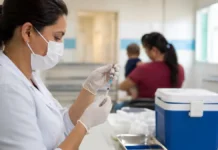Sarampo acende alerta para vacinação de bebês e crianças em Rondônia Vacinação contra sarampo em Rondônia com profissional de saúde preparando dose para criança
