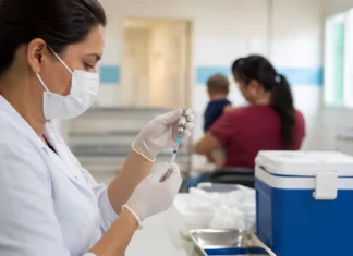 Sarampo acende alerta para vacinação de bebês e crianças em Rondônia Vacinação contra sarampo em Rondônia com profissional de saúde preparando dose para criança