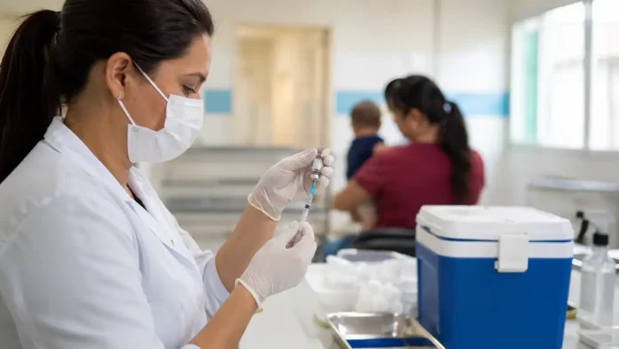 Vacinação contra sarampo em Rondônia no SUS Vacinação contra sarampo em Rondônia com profissional de saúde preparando dose para criança