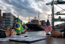 Governo vê risco de tarifa de até 37,5% dos EUA contra produtos do Brasil Tarifas dos EUA sobre produtos brasileiros em negociação comercial com navio cargueiro e bandeiras do Brasil e dos Estados Unidos