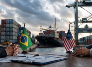 Governo vê risco de tarifa de até 37,5% dos EUA contra produtos do Brasil Tarifas dos EUA sobre produtos brasileiros em negociação comercial com navio cargueiro e bandeiras do Brasil e dos Estados Unidos