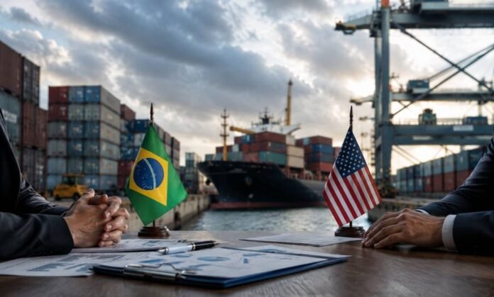 Tarifas dos EUA sobre produtos brasileiros Tarifas dos EUA sobre produtos brasileiros em negociação comercial com navio cargueiro e bandeiras do Brasil e dos Estados Unidos