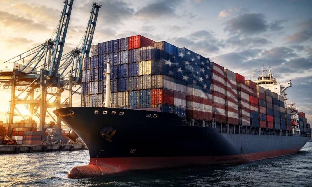 Navio cargueiro em porto industrial representando o impacto da taxação dos EUA sobre exportações brasileiras