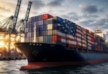 Novas tarifas dos EUA podem afetar 30% das exportações brasileiras Navio cargueiro em porto industrial representando o impacto da taxação dos EUA sobre exportações brasileiras