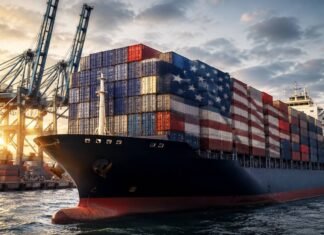 Novas tarifas dos EUA podem afetar 30% das exportações brasileiras Navio cargueiro em porto industrial representando o impacto da taxação dos EUA sobre exportações brasileiras