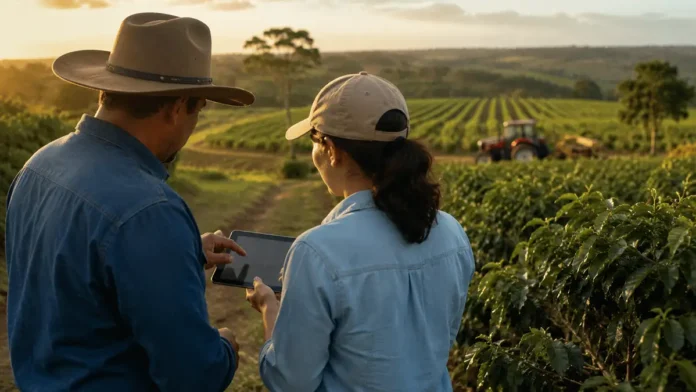 Crédito rural em Rondônia com produtores analisando dados no campo Crédito rural em Rondônia no Plano Safra