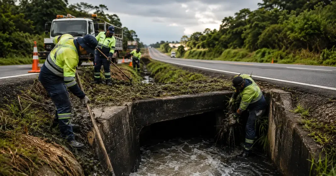 DNIT em Rondônia realiza limpeza de bueiros em rodovia federal para prevenir alagamentos e erosões.