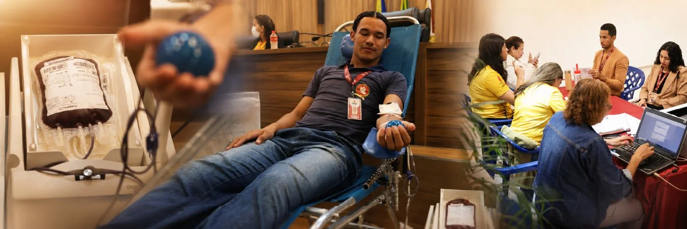 Imagem-faixa mostra doadores de sangue em campanha solidária para reforçar a hemorrede em Porto Velho.