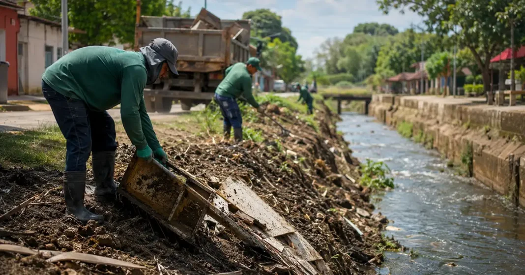 Limpeza de igarapés em Porto Velho retira entulhos de canal urbano para prevenir alagamentos.