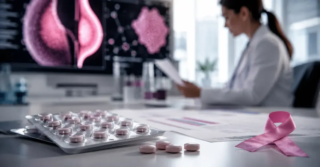 Medicamento oral para câncer de mama aprovado pela Anvisa Comprimidos genéricos, fita rosa e análise médica representam medicamento oral para câncer de mama aprovado pela Anvisa.