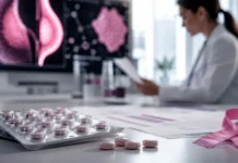 Medicamento oral para câncer de mama é aprovado pela Anvisa Comprimidos genéricos, fita rosa e análise médica representam medicamento oral para câncer de mama aprovado pela Anvisa.