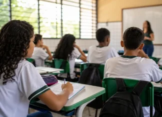 Rondônia reduz abandono no ensino médio e melhora permanência escolar Permanência escolar em Rondônia com estudantes do ensino médio em sala de aula