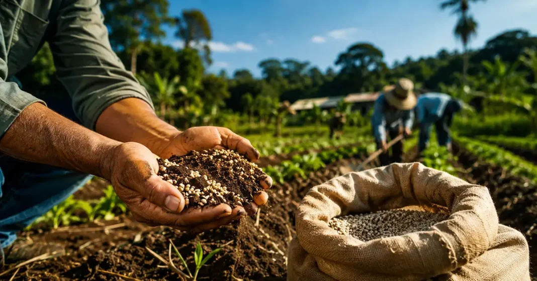 Mãos de produtor rural seguram terra e insumo agrícola em imagem sobre produtores rurais atendidos em Rondônia.