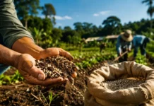 Mais de 2 mil produtores rurais recebem insumos em Rondônia Mãos de produtor rural seguram terra e insumo agrícola em imagem sobre produtores rurais atendidos em Rondônia.