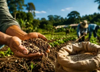 Mais de 2 mil produtores rurais recebem insumos em Rondônia Mãos de produtor rural seguram terra e insumo agrícola em imagem sobre produtores rurais atendidos em Rondônia.