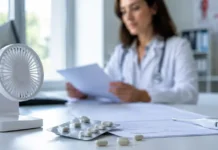 Remédio para menopausa sem hormônio é aprovado pela Anvisa Blister genérico, prescrição médica e consultório representam remédio para menopausa aprovado pela Anvisa.