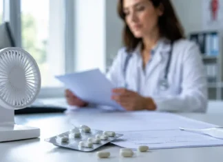 Remédio para menopausa sem hormônio é aprovado pela Anvisa Blister genérico, prescrição médica e consultório representam remédio para menopausa aprovado pela Anvisa.